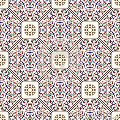 Seamless colorful patchwork in turkish style. Hand drawn background. Azulejos tiles patchwork. Portuguese and Spain decor. Islam Vector Illustration